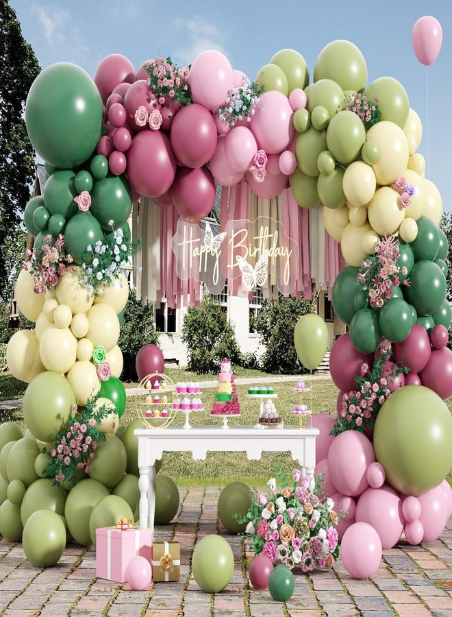 Sowide Pink and Green Balloon Arch Kit,122Pcs Sage Green Dusty Rose Red Macaron Pink Yellow Matte Balloons for Flower Birthday Bridal Wedding Engagement Baby Shower Anniversary Party Decorations - Image 1